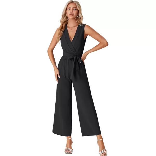 LYANER Women's Wrap Deep V Neck Tie Waist Sleeveless Wide Leg Jumpsuit Romper with Pocket