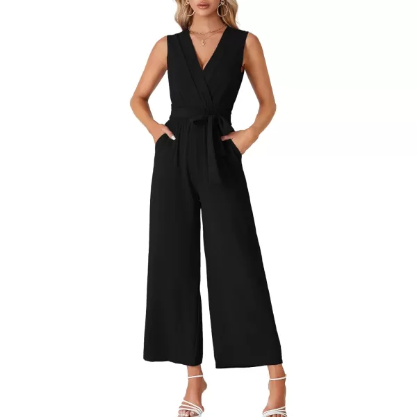 LYANER Women's Wrap Deep V Neck Tie Waist Sleeveless Wide Leg Jumpsuit Romper with Pocket