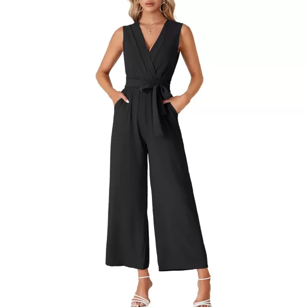 LYANER Women's Wrap Deep V Neck Tie Waist Sleeveless Wide Leg Jumpsuit Romper with Pocket