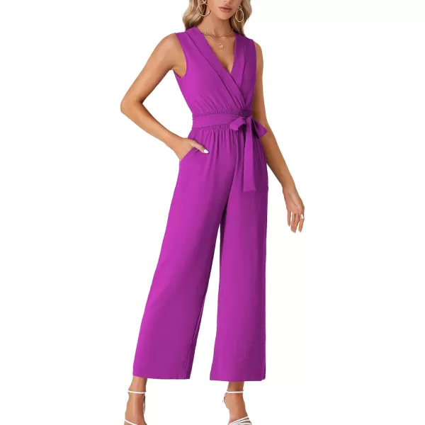 LYANER Women's Wrap Deep V Neck Tie Waist Sleeveless Wide Leg Jumpsuit Romper with Pocket