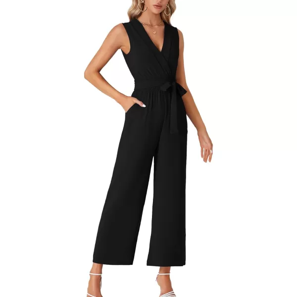 LYANER Women's Wrap Deep V Neck Tie Waist Sleeveless Wide Leg Jumpsuit Romper with Pocket