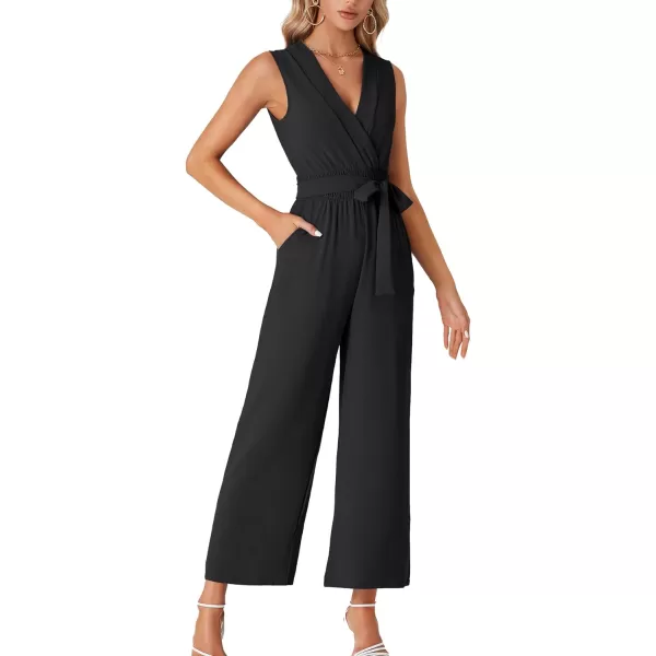 LYANER Women's Wrap Deep V Neck Tie Waist Sleeveless Wide Leg Jumpsuit Romper with Pocket