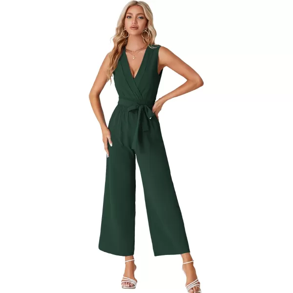 LYANER Women's Wrap Deep V Neck Tie Waist Sleeveless Wide Leg Jumpsuit Romper with Pocket
