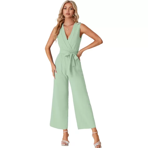 LYANER Women's Wrap Deep V Neck Tie Waist Sleeveless Wide Leg Jumpsuit Romper with Pocket