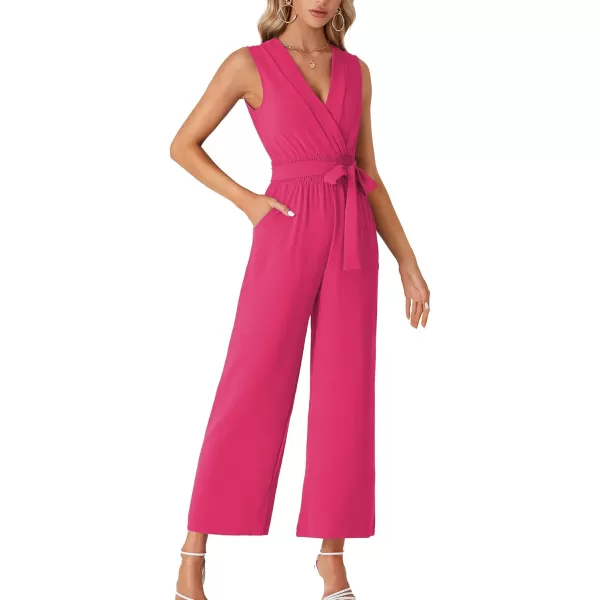 LYANER Women's Wrap Deep V Neck Tie Waist Sleeveless Wide Leg Jumpsuit Romper with Pocket