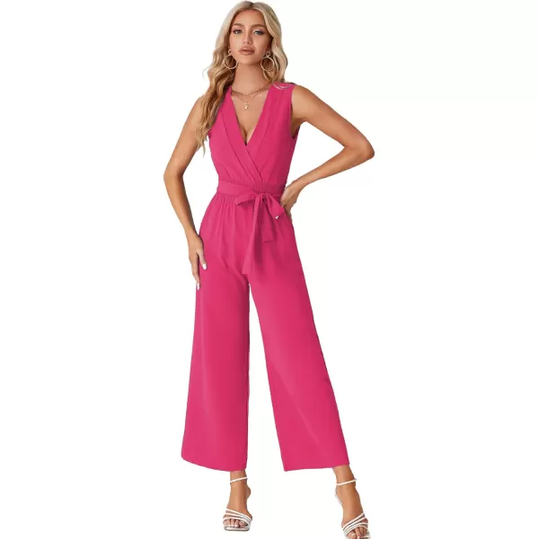 LYANER Women's Wrap Deep V Neck Tie Waist Sleeveless Wide Leg Jumpsuit Romper with Pocket