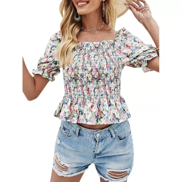 LYANER Women's Floral Print Square Neck Shirred Ruffle Hem Short Sleeve Blouse Top