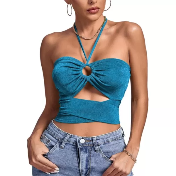 LYANER Women's Halter Sleeveless Ruch Crisscross Knot Tie Wrap Sexy Camisole Crop Top
