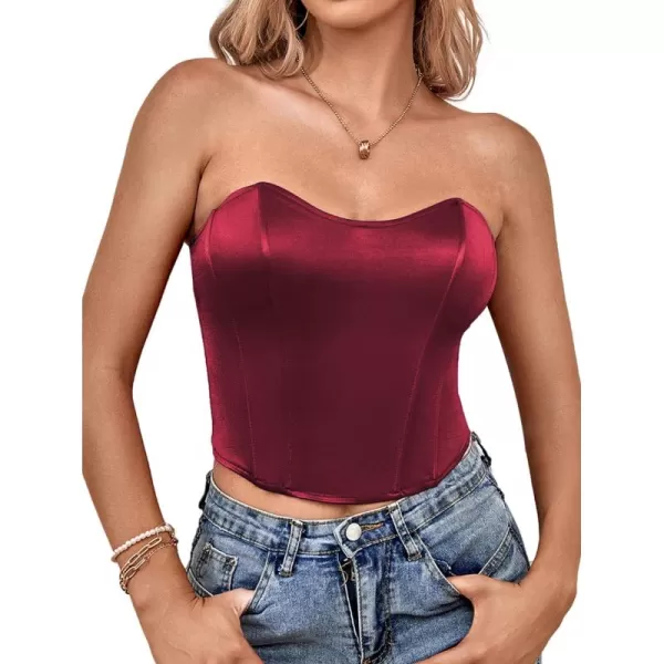 LYANER Women's Sexy Satin Sweetheart Neck Crop Tube Tops Strapless Bustier Cami Back Zipper Corset Top