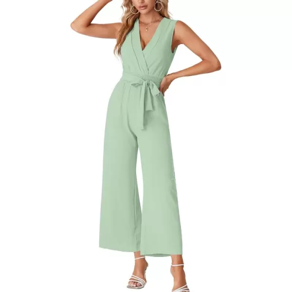 LYANER Women's Wrap Deep V Neck Tie Waist Sleeveless Wide Leg Jumpsuit Romper with Pocket