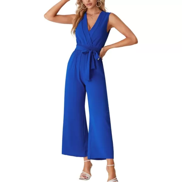 LYANER Women's Wrap Deep V Neck Tie Waist Sleeveless Wide Leg Jumpsuit Romper with Pocket
