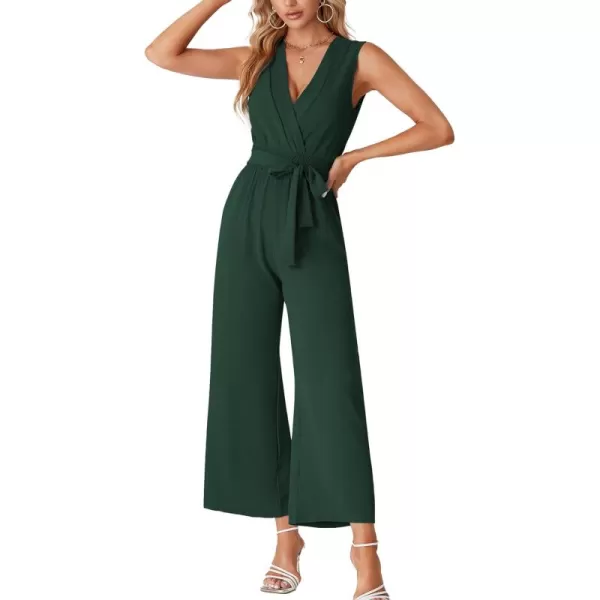 LYANER Women's Wrap Deep V Neck Tie Waist Sleeveless Wide Leg Jumpsuit Romper with Pocket