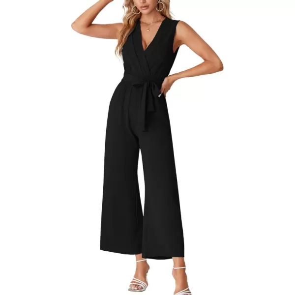 LYANER Women's Wrap Deep V Neck Tie Waist Sleeveless Wide Leg Jumpsuit Romper with Pocket