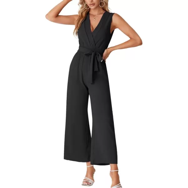 LYANER Women's Wrap Deep V Neck Tie Waist Sleeveless Wide Leg Jumpsuit Romper with Pocket