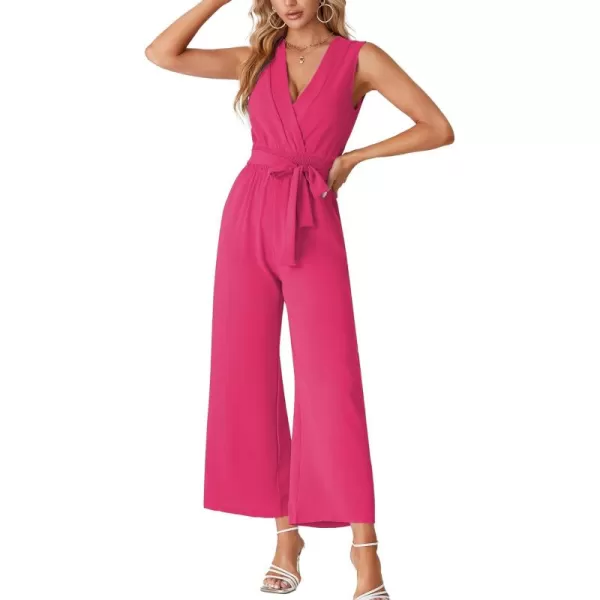 LYANER Women's Wrap Deep V Neck Tie Waist Sleeveless Wide Leg Jumpsuit Romper with Pocket