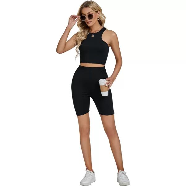 LYANER Women's 2 Piece Sleeveless Crew Neck Crop Sport Tank Crop Top and High Waist Running Shorts Yoga Sets