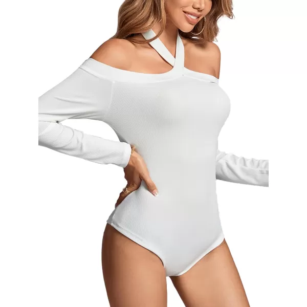 LYANER Women's Off Shoulder Halter Neck Long Sleeve Ribbed Bodycon Leotard Bodysuit Tops