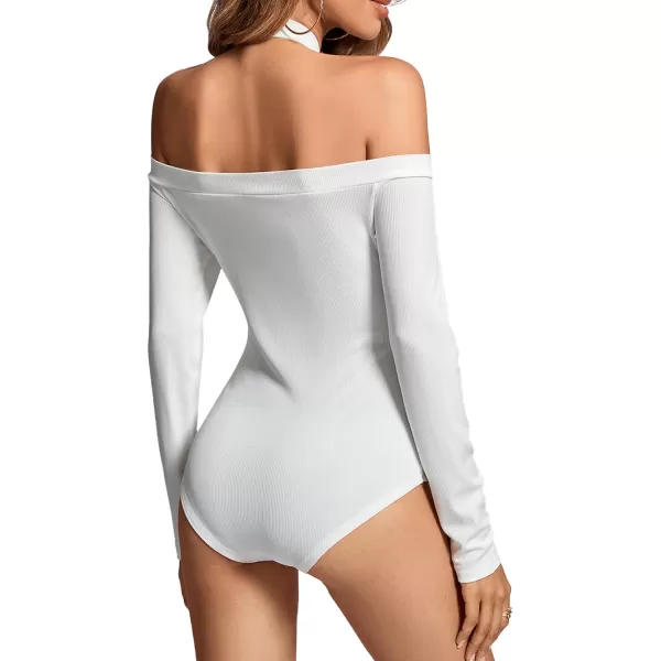 LYANER Women's Off Shoulder Halter Neck Long Sleeve Ribbed Bodycon Leotard Bodysuit Tops