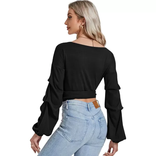 LYANER Women's V Neck Puff Long Sleeve Self Tie Knot Solid Wrap Crop Blouse T-Shirt Top