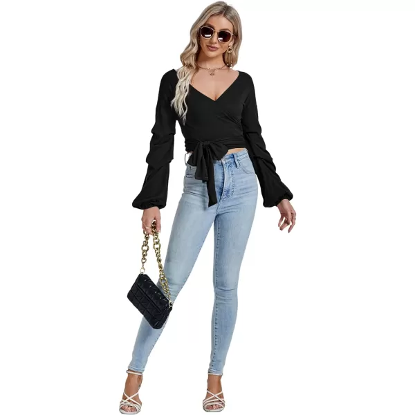 LYANER Women's V Neck Puff Long Sleeve Self Tie Knot Solid Wrap Crop Blouse T-Shirt Top