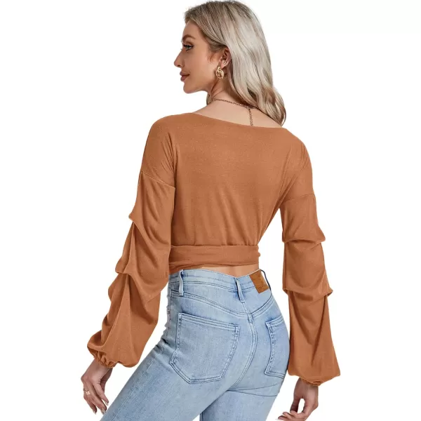 LYANER Women's V Neck Puff Long Sleeve Self Tie Knot Solid Wrap Crop Blouse T-Shirt Top