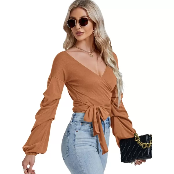 LYANER Women's V Neck Puff Long Sleeve Self Tie Knot Solid Wrap Crop Blouse T-Shirt Top