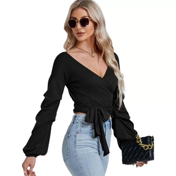 LYANER Women's V Neck Puff Long Sleeve Self Tie Knot Solid Wrap Crop Blouse T-Shirt Top