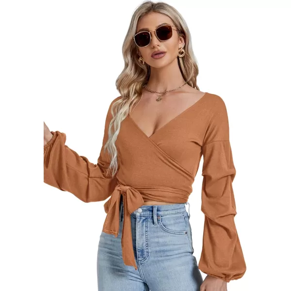 LYANER Women's V Neck Puff Long Sleeve Self Tie Knot Solid Wrap Crop Blouse T-Shirt Top