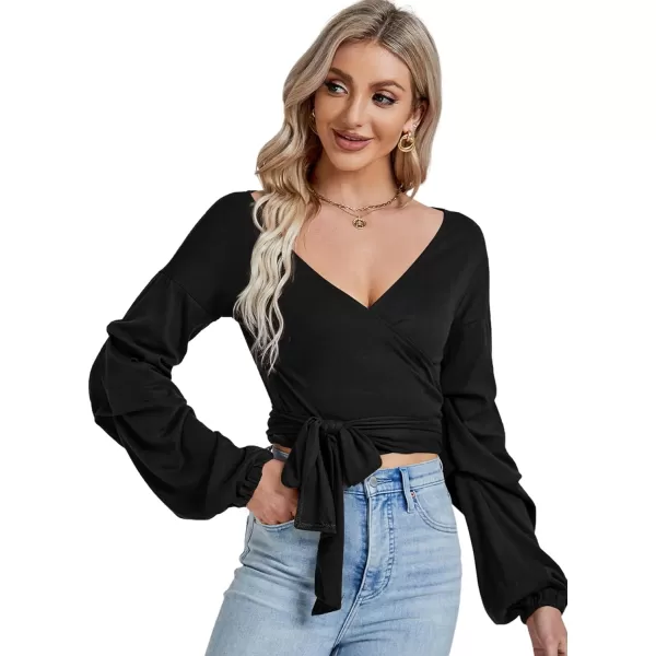 LYANER Women's V Neck Puff Long Sleeve Self Tie Knot Solid Wrap Crop Blouse T-Shirt Top