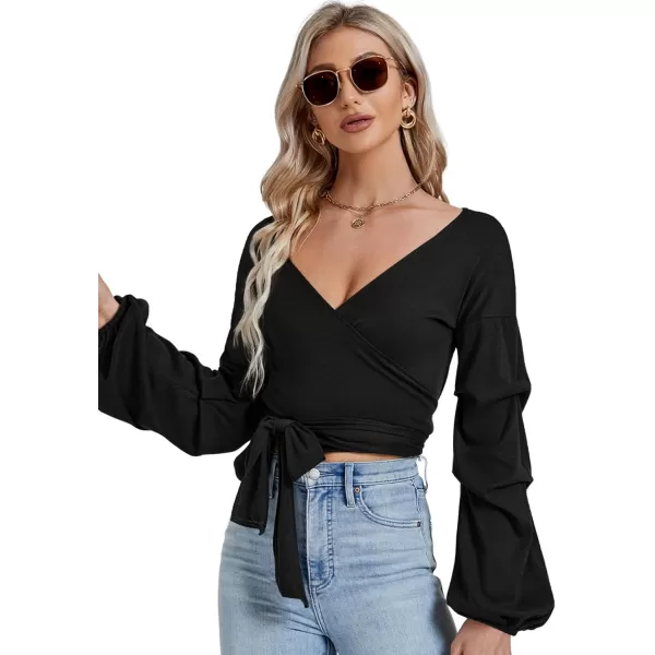 LYANER Women's V Neck Puff Long Sleeve Self Tie Knot Solid Wrap Crop Blouse T-Shirt Top