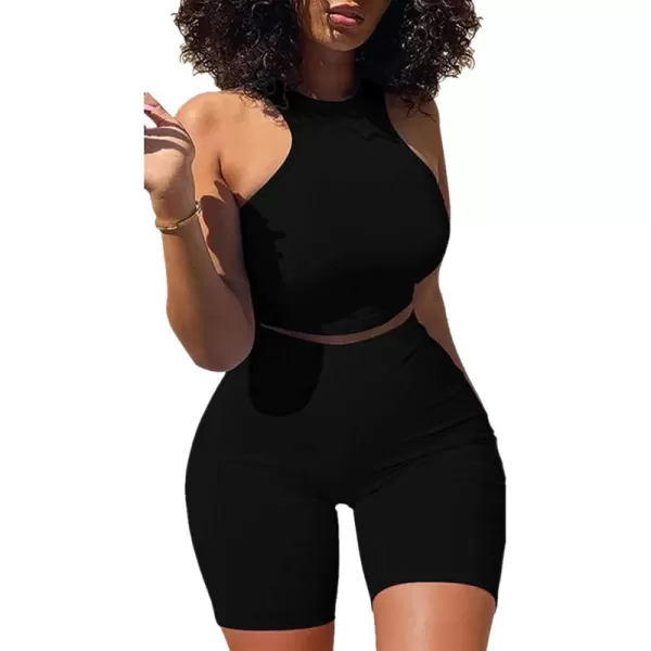 LYANER Women's 2 Piece Sleeveless Crew Neck Crop Sport Tank Crop Top and High Waist Running Shorts Yoga Sets