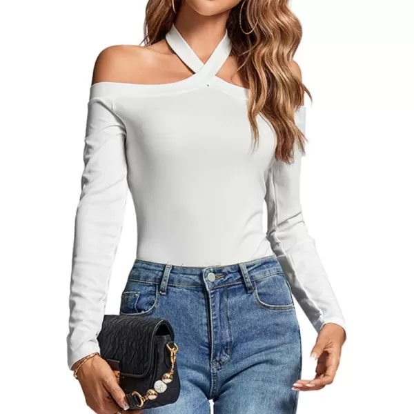 LYANER Women's Off Shoulder Halter Neck Long Sleeve Ribbed Bodycon Leotard Bodysuit Tops
