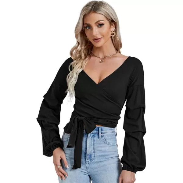 LYANER Women's V Neck Puff Long Sleeve Self Tie Knot Solid Wrap Crop Blouse T-Shirt Top