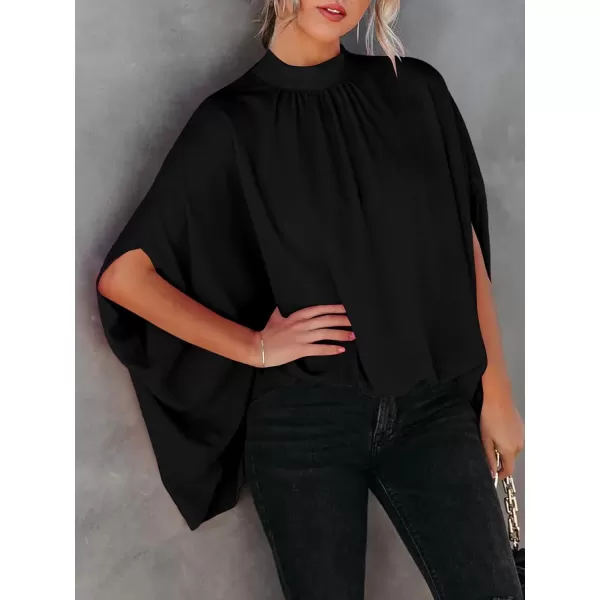 LYANER Women's Oversize Smock Neck Knot Back Batwing Sleeve Cape Blouse Shirt Top