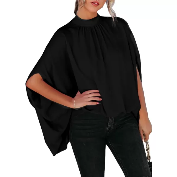 LYANER Women's Oversize Smock Neck Knot Back Batwing Sleeve Cape Blouse Shirt Top