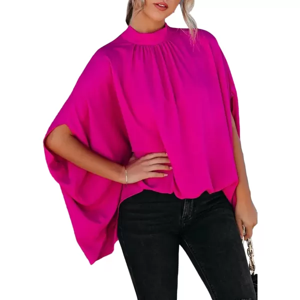 LYANER Women's Oversize Smock Neck Knot Back Batwing Sleeve Cape Blouse Shirt Top