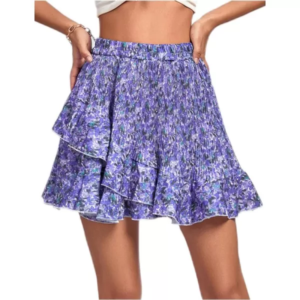 LYANER Women's Floral Print High Waist Pleated Ruffle Hem A-line Short Skirt
