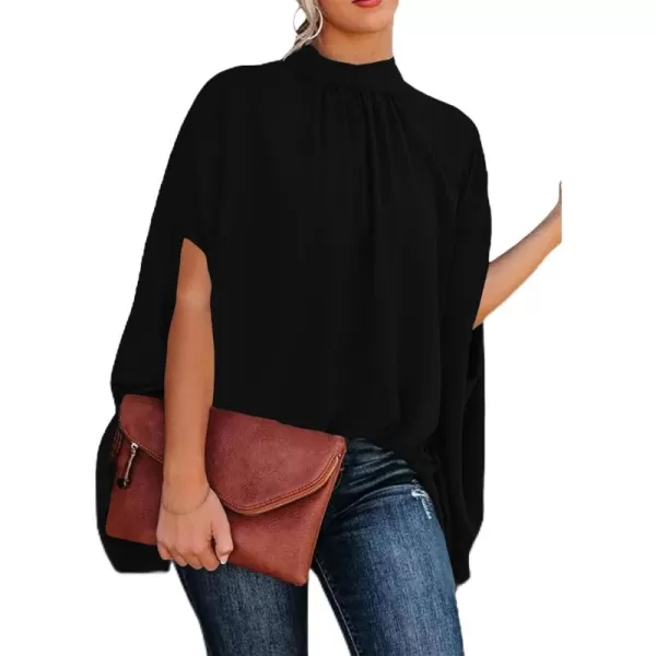 LYANER Women's Oversize Smock Neck Knot Back Batwing Sleeve Cape Blouse Shirt Top