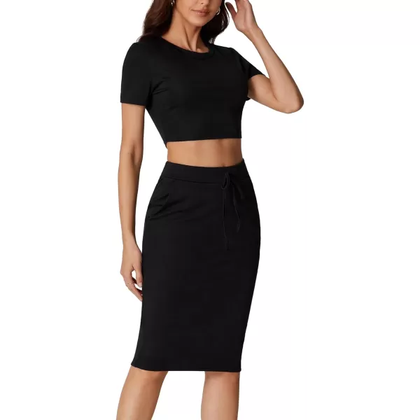 LYANER Women's 2 Piece Outfits Crew Neck Short Sleeve Crop Tee Top and Bodycon Midi Skirt Set