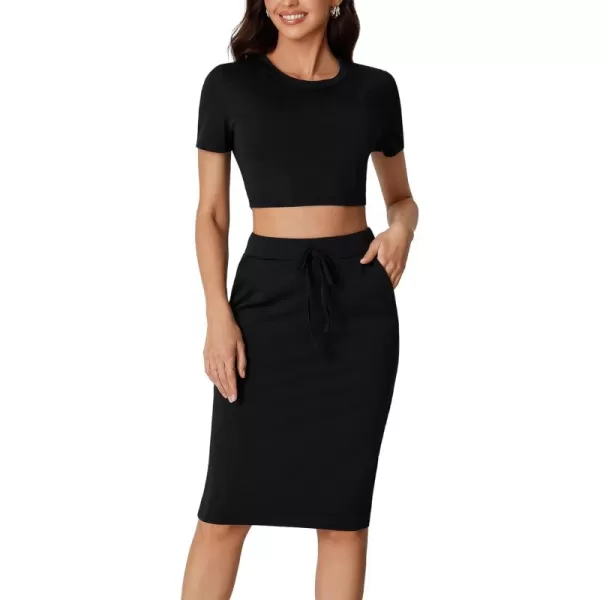 LYANER Women's 2 Piece Outfits Crew Neck Short Sleeve Crop Tee Top and Bodycon Midi Skirt Set