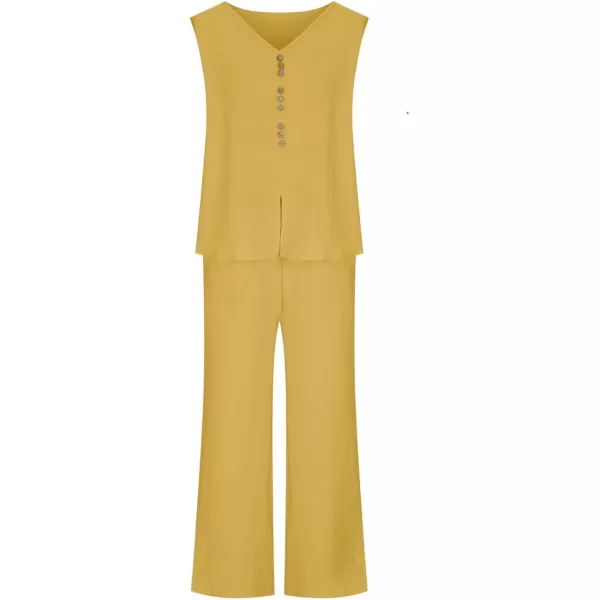 LYANER Women's 2 Piece Outfits V Neck Sleeveless Button Front Tank Top And High Waist Straight Wide Leg Long Pants Set