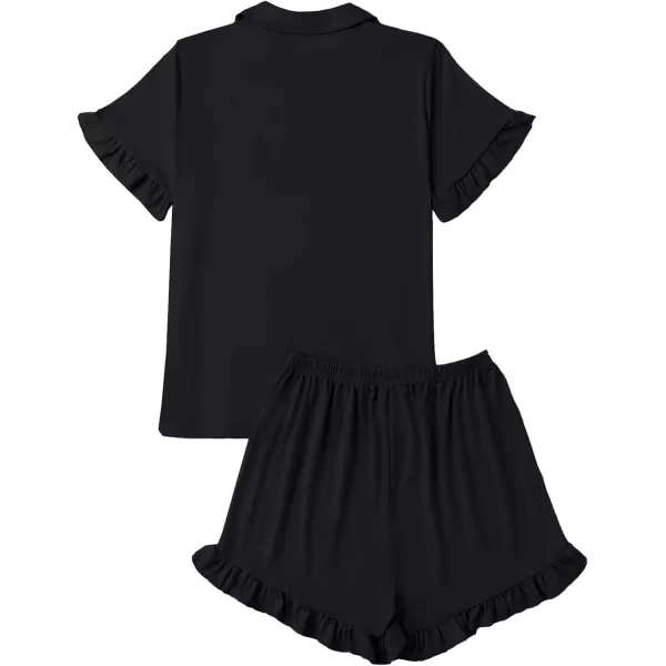 LYANER Women's Button Down V Neck Short Sleeve Ruffle Trim Top with Shorts Sleepwear Pajamas Set