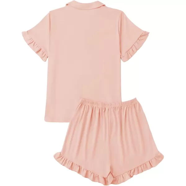 LYANER Women's Button Down V Neck Short Sleeve Ruffle Trim Top with Shorts Sleepwear Pajamas Set