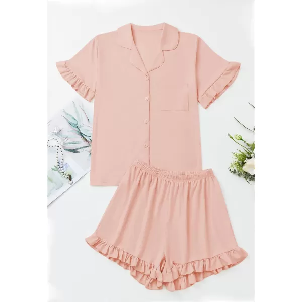 LYANER Women's Button Down V Neck Short Sleeve Ruffle Trim Top with Shorts Sleepwear Pajamas Set