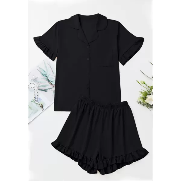 LYANER Women's Button Down V Neck Short Sleeve Ruffle Trim Top with Shorts Sleepwear Pajamas Set
