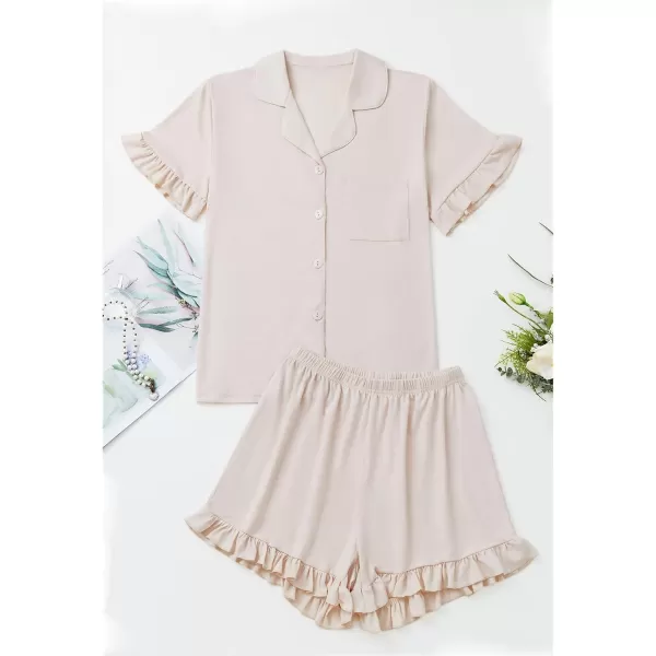 LYANER Women's Button Down V Neck Short Sleeve Ruffle Trim Top with Shorts Sleepwear Pajamas Set