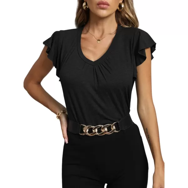 LYANER Women's Casual Ruffle Cap Sleeve V Neck Pleated Front Shirt Blouse Tunic Top