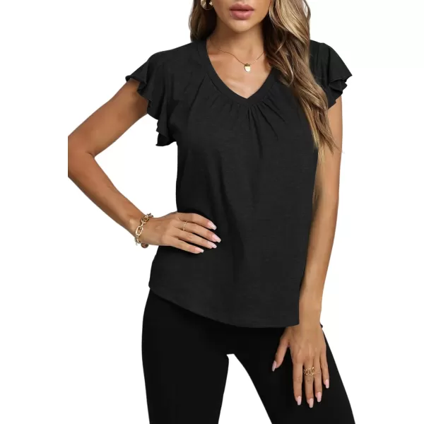 LYANER Women's Casual Ruffle Cap Sleeve V Neck Pleated Front Shirt Blouse Tunic Top