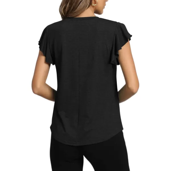 LYANER Women's Casual Ruffle Cap Sleeve V Neck Pleated Front Shirt Blouse Tunic Top
