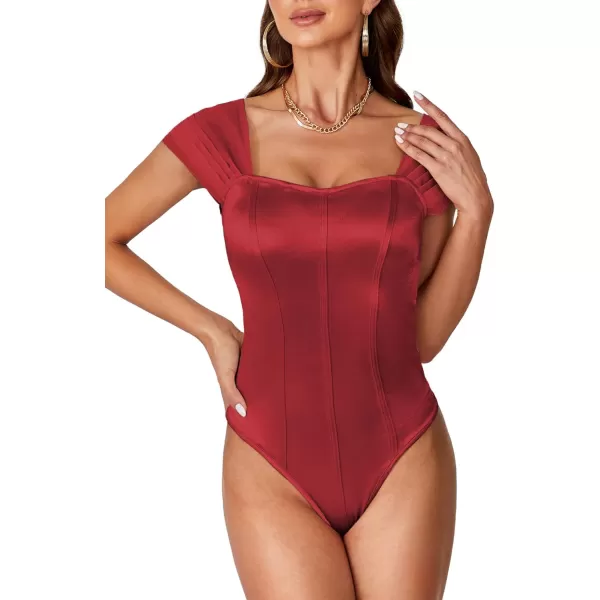 LYANER Women’s Satin Silky Sweetheart Lace Cap Sleeve Stretchy Party Skinny Bodysuit Romper Leotard Top